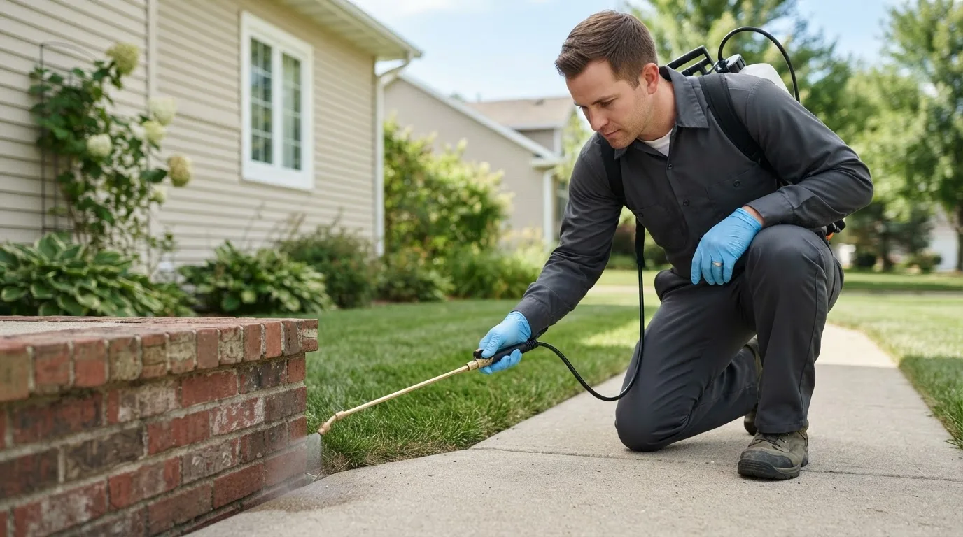 Pest control technician treating a home near Stoutland, MO